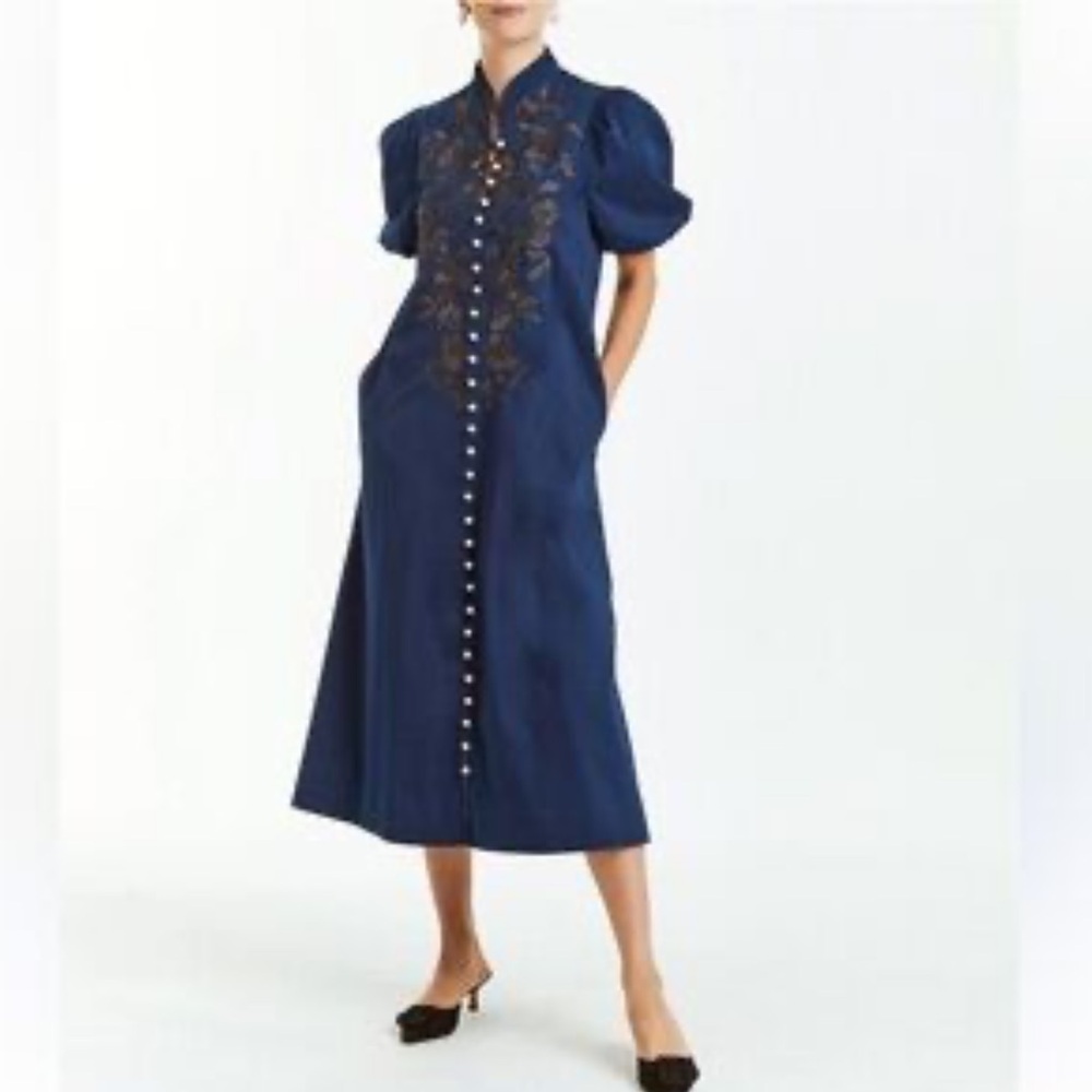 Mestiza New York NWT Elliana Barong Navy Embroidered Midi Dress Sz Small - Picture 2 of 12